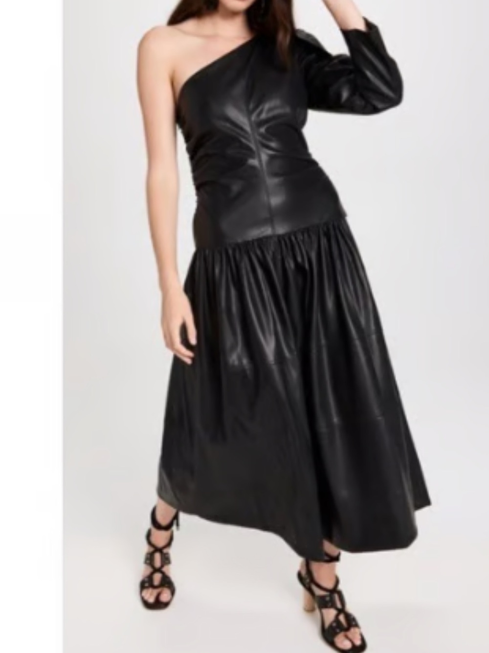 Tanya Taylor Sz 12 Dress One-Shoulder Black Faux-Leather Gigi Midi Goth Punk